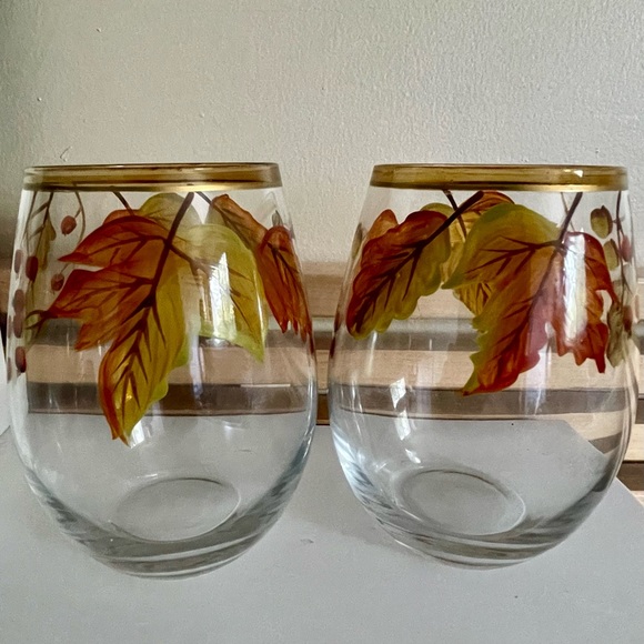 None Other - Set of 2 Autumn Leaf Stemless Wine Glasses